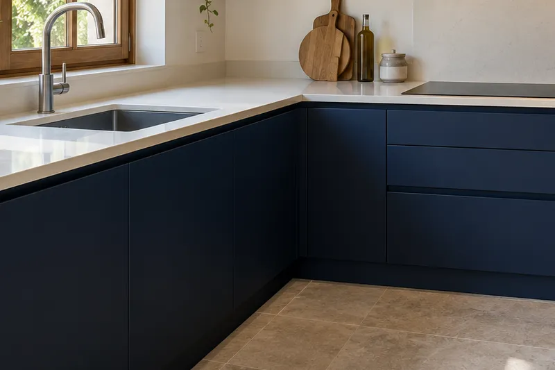 Visualización conceptual IA de cocina: Reformas de Rubén Castaño. Detalle de materiales y distribución.
